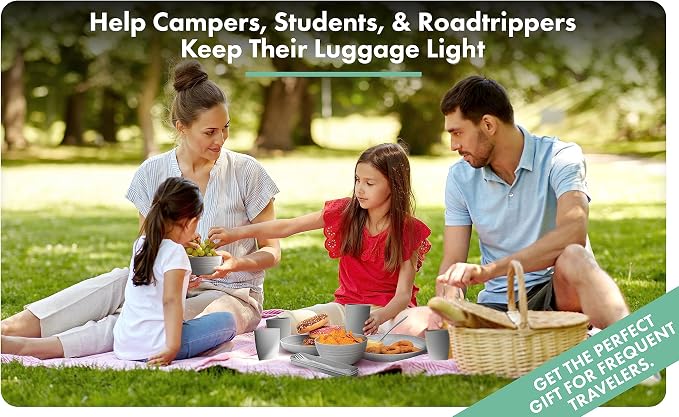 FOODLE Wheat Straw Dinnerware Set - RV, Camping, Picnic Plates Cups & Bowls | BPA-Free & Safety Tested - Microwave & Dishwasher Safe - Lightweight & Unbreakable Dishes - Great for Kids & Adults - For 4
