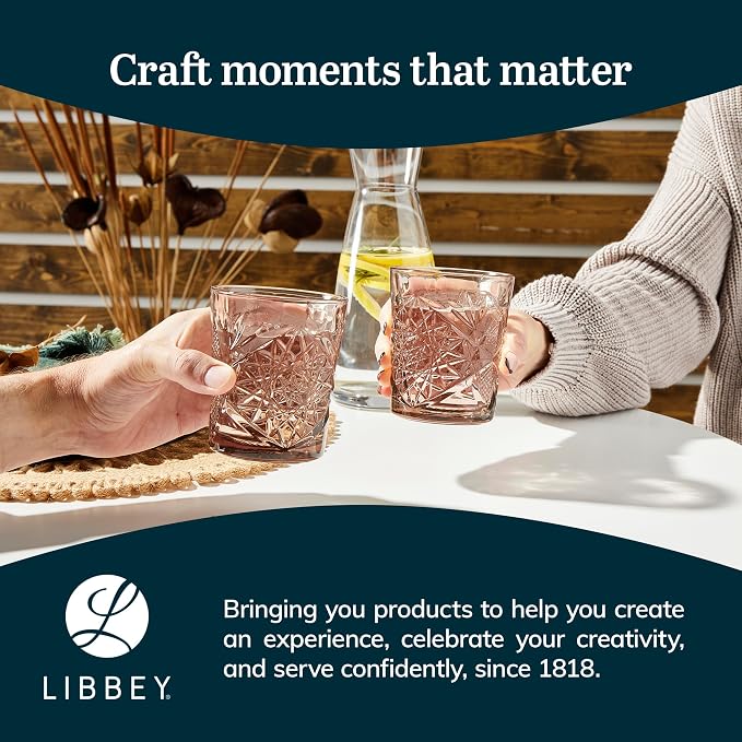 Libbey Hobstar Double Old Fashioned Glasses,Rose Colored Cut Glass Drinking Glasses Set of 4, Durable, Vintage Whiskey Glasses for Cocktail, Drinks