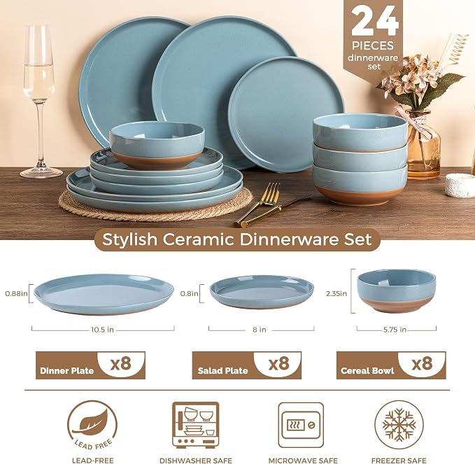 AmorArc Dinnerware Sets for 8, 24 Pieces Ceramic Plates and Bowls Set | Scratch Resistant Stoneware Dishes Set, Dishwasher & Microwave Safe, Stone Blue