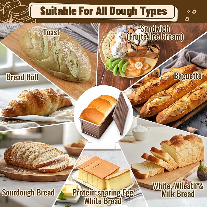 3 Pack Pullman Loaf Pans, Bread Pans with Lids, Golden | Non-stick Carbon Steel Bread Pans for Homemade Sandwich and Baking Sourdough Bread, Corrugated Toast Mold