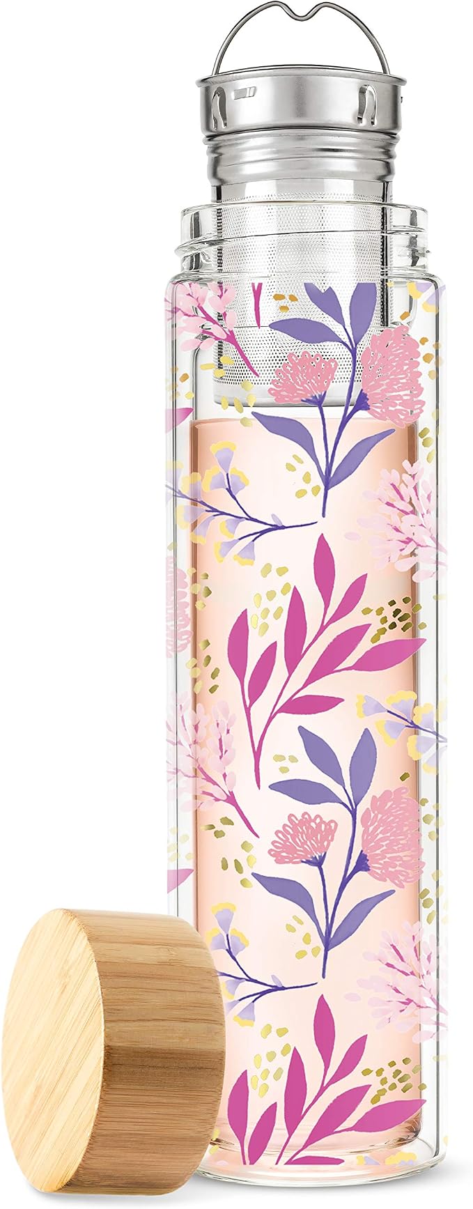 Pinky Up Blair Travel Tea Infuser Mug, Double Walled Insulated Travel Tumbler with Loose Leaf Tea Strainer, Travel Coffee Mug, Keeps Drinks Hot or Cold, 16 oz, Botanical Design