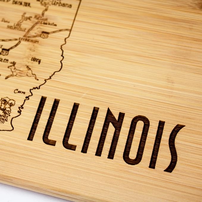 Totally Bamboo A Slice of Life Illinois Engraved Map Cutting Board | 11” x 8.75” charcuterie board with engraved state map artwork. Smooth reverse side for food prep. Hang tie for wall display.