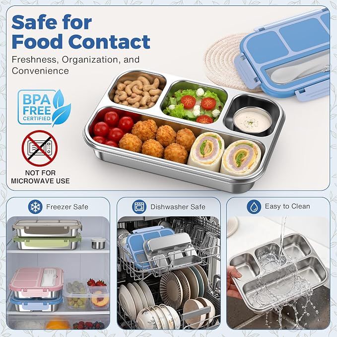 Stainless Steel Bento Box Adult Kids, Leakproof Metal Lunch Box Containers 4 Compartments, 32 Oz Reusable Food Storage Containers for Office and School, Blue