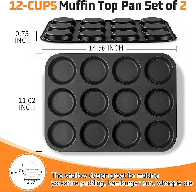 P&P CHEF 12-Cup Muffin Top Pan, Cupcake Pan with Shallow Side, 2PC & Black | Stainless Steel Muffin Pan Cupcake Tin for Whoopie, Yorkshire Pudding, Egg Bite, Cupcake, Non-toxic & Easy Clean