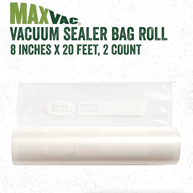 LEM Products MaxVac Vacuum Sealer Bag Roll, 8" x 20', 2 Count | Make Custom Sized Bags for Food Storage, Puncture Resistant, Compatible with Major Vacuum Sealer Brands