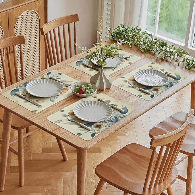 Vinyl Placemats Set of 4-12x17 Inch - Heat Resistant Washable Place Mats Waterproof Non-Slip Wipeable Table Mats for Dining Table Decor, Spring Outdoor Plastic Placemat