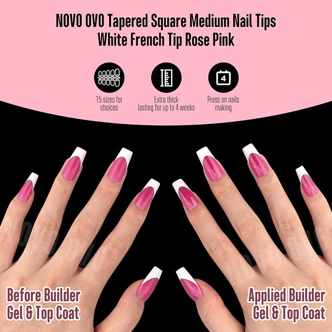 NOVO OVO White French Tip Coffin Nail Tips Press on, ROSE PINK, Extra Thick Medium Soft Gel Fake Nail Acrylic Extension, Need Builder Gel Top Coat, No Glue Included, for Salon DIY 15 Sizes x 240 pcs