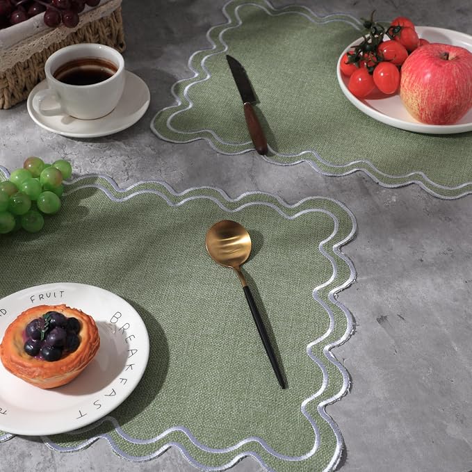 HunnmingRe Sage Green with White Set of 6 Cotton Linen Wedding Placemats, 13x19 Inch Scalloped Wavy Embroidery Placemat Double Layered Washable Rustic Rectangle Dinner Table Mat for Home Decor