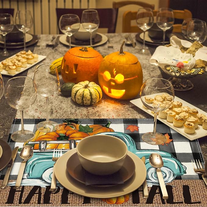 Buffalo Plaid Check Pumpkins Truck Fall Placemats Set of 6, 12x18 Inch Autumn Thanksgiving Table Mats for Holiday Party Kitchen Dining Room Decoration