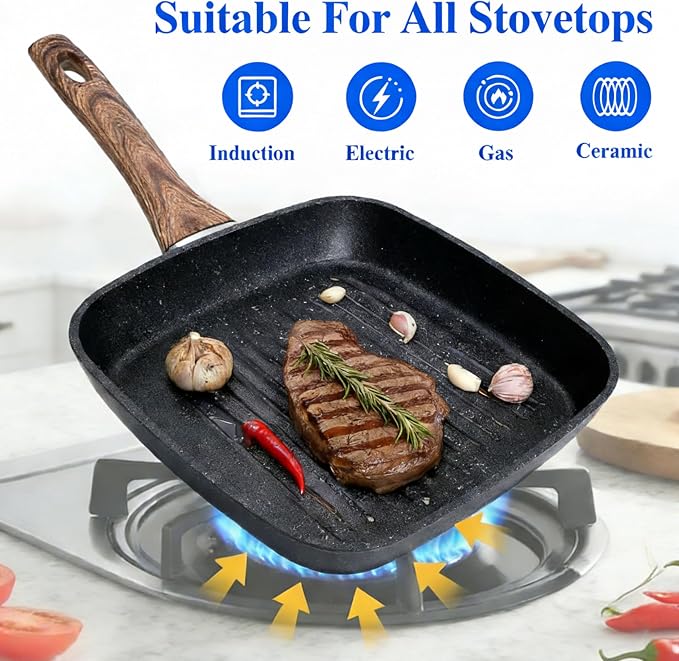 Simple Deluxe 3 Pieces Nonstick Grill Pan Set, Square Versatile Griddle Pans with Wooden Handle, Durable Skillet Indoor & Outdoor Use, All Stovetops Compatible(9.5", 10.2", 11"), PFOA Free, Black