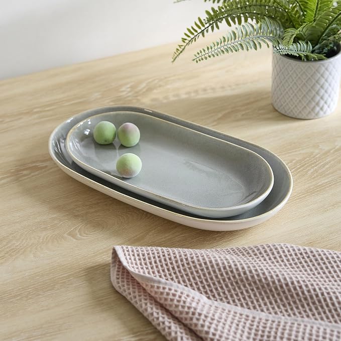 SANGO Resona Moss Serving Platters Set of 2, 14/12 Inch Stoneware Serving Dishes for Entertaining, Glossy Party Serving Trays with Reactive Glaze, Buffet Oval Platters for Bread, Appetizer, Cheese
