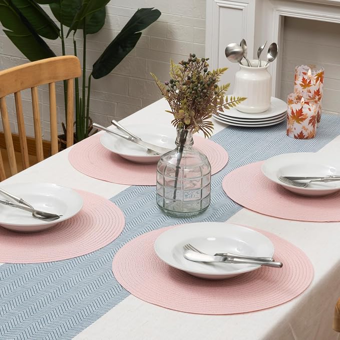 Winknowl 15 Inch Round Braided Placemats Set of 6, Washable Cotton Polyester Table Mats, Heat Resistant Non-Slip Place Mats for Kitchen Dining Table Decor (Pink,6pcs)
