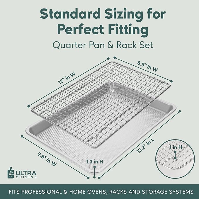 Quarter Sheet Pan with Wire Rack Set - Includes Premium Aluminum Baking Sheet with 100% Stainless Steel Baking Rack, Cookie Cooling Racks with 1/4 Pan Commercial Quality (Pack of 2)