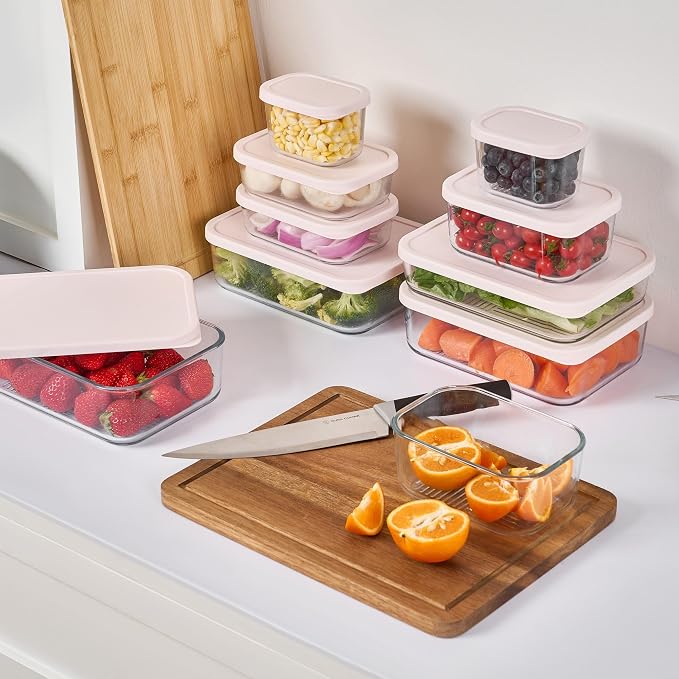 Glass Food Storage Containers with Lids — 8 Piece — 57.5 oz Glass with BPA-Free Leakproof Stackable Lids — Microwave, Oven & Dishwasher Safe — Ideal for Meal Prep & More - Berry Blush