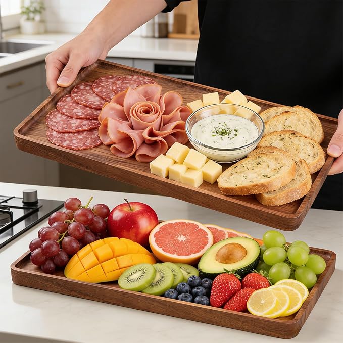 VERTORGAN 2 Pack Acacia Wood Serving Tray,15.8x9.8 Inch Trays,Home Decor | Coffee Table Tray,Living Room Decor,Bar Serving Platter,Party Tray,Charcuterie Board,Cheese Platter, Decorative Wood Tray