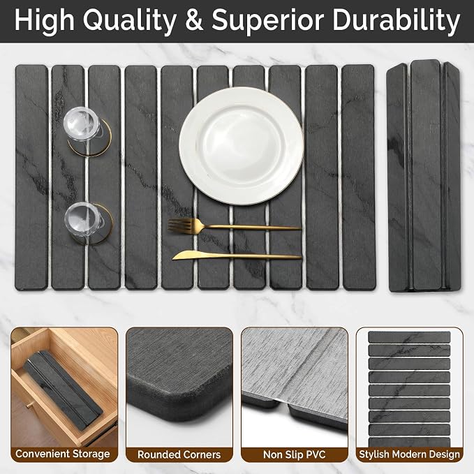 Large Stone Dish Drying Mat for Kitchen Counter, Quick Dry Stone Dishes Mats, Foldable Water Absorbing Diatomaceous Drying Pad for Countertop Bottles Utensils Cups Bathroom (Dark Gray 24"x16")