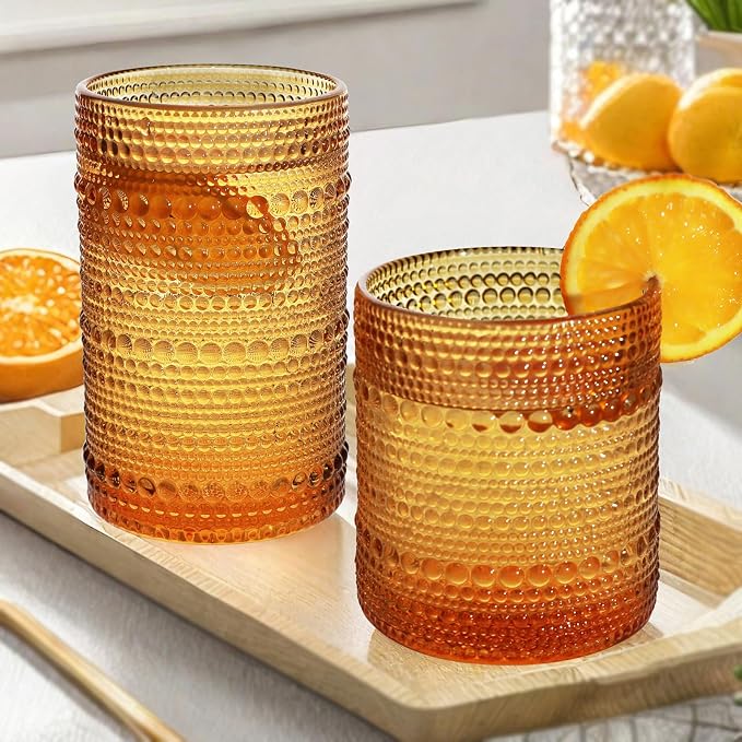 Vintage Hobnail Driinking Glasses Set, Glassware Drinking Set of 8, 12 oz Highball Glasses & 10 oz Cocktail Glasses, Tumbler Glasses for Cocktails, Whiskey, Juice, Milk