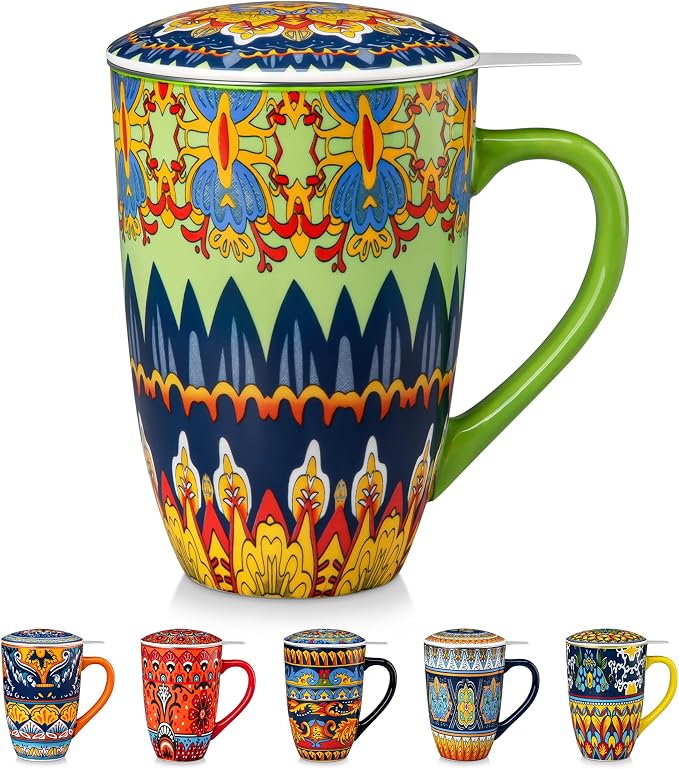 vancasso 18 Oz Tea Infuser Mug with Lid, Mint Petal Whirl | Eye-Catching Bohemian Pattern, Adds Charm to Any Tea Corner, Ceramic Mug with Infuser, Microwave and Dishwasher Safe