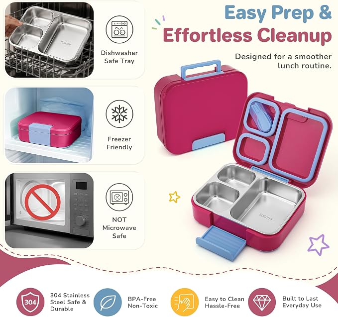 Bento Lunch Box for Kids, 3 Compartment 304 Stainless Steel Food Container with Handle & Spork, Kids Lunch Box Fits Ice Pack, BPA-Free, Rose Red