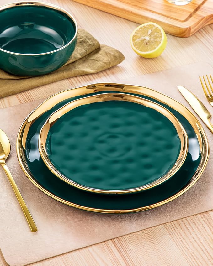 LOVECASA 12 Pieces Plates and Bowls Sets, Porcelain Green and Gold Dinnerware Sets, Round Dinner Plates Dishes Set Service for 4, Dishwasher Safe and Scratch Resistant, Green