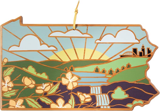 Totally Bamboo Pennsylvania State Shaped Cutting Board, Summer Stokes Art | State charcuterie board with colorful hand-drawn landscape art. Smooth reverse side for food prep. Hang tie for wall display.