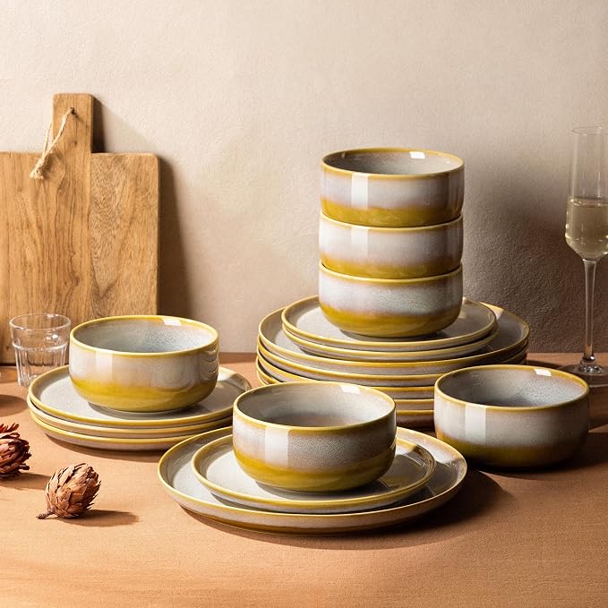 Ceramic Dinnerware Set for 6, 18-Piece Plates and Bowls Set | Handmade Reactive Glaze Dish Set, Scratch Resistant, Oven & Microwave & Dishwasher Safe, Autumn Haze