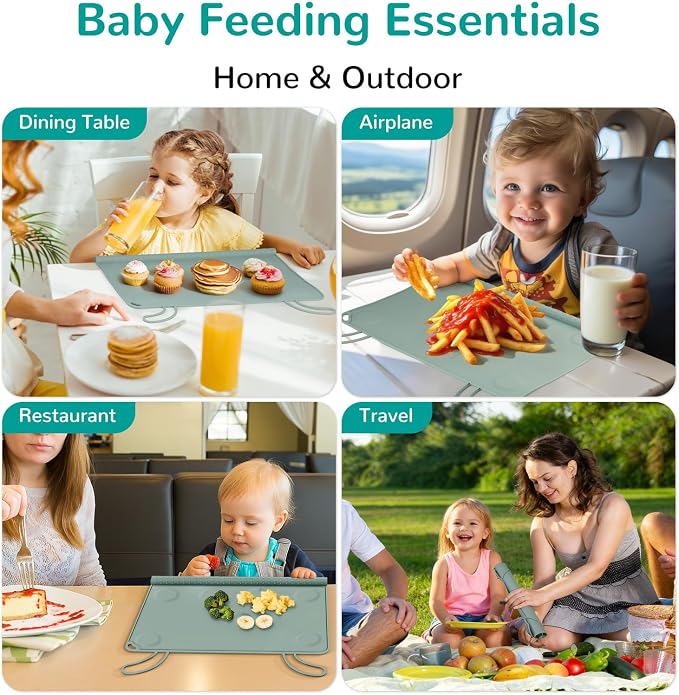 Silicone Placemat for Toddler Eating: Wipe Clean & Roll Up in The Diaper Bag - Table Mat for Restaurant/Travel/On-The-Go