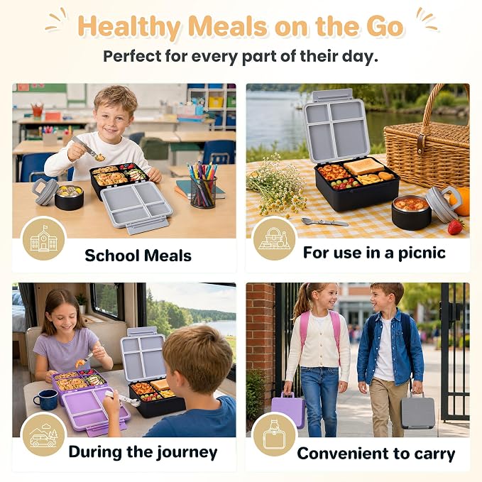 Bento Lunch Box for Kids with 8oz Soup Thermo,Kids Leakproof Lunch Food Containers with 4 Compartment,Kid Insulated Thermo Hot Food Jar for School,Trvael-Black