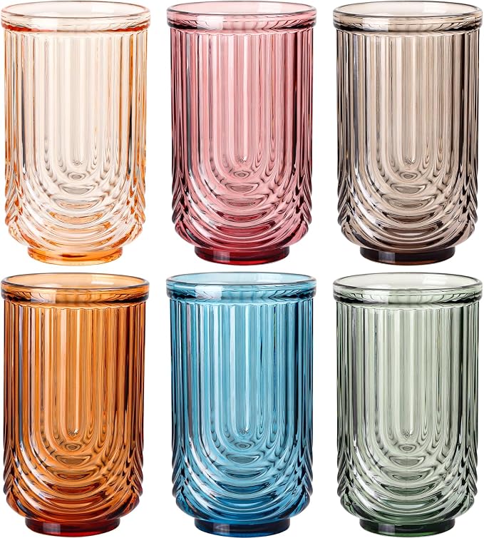 JOVGANK Colored Vintage Glassware Set of 6-17Oz Colorful Water Drinking Glass, Art Deco Ripple Highball Glass, Whiskey Cocktail Glasses, for Bar Ice Coffee Juice, Housewarming Gift