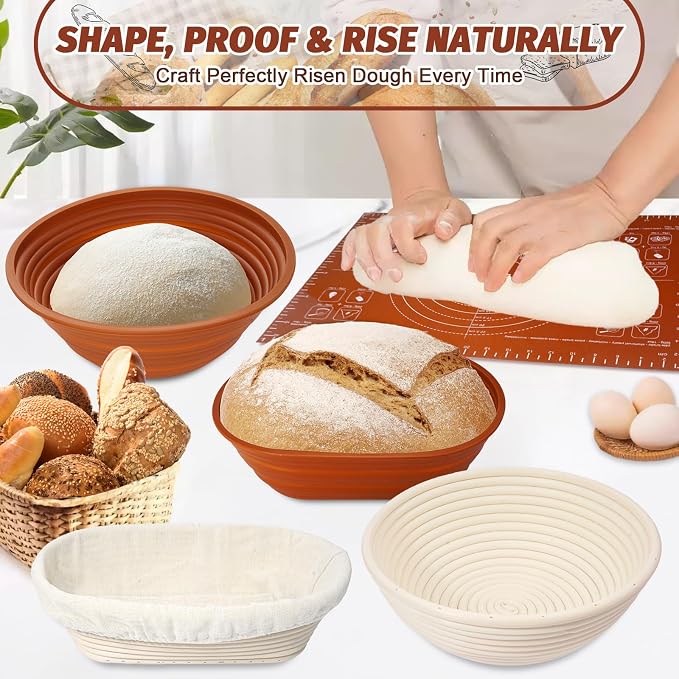 EWFEN Sourdough Starter Kit with Enamel Cast Iron Pot, Complete Sourdough Bread Baking Supplies, Round & Oval Bread Proofing Basket with 34 Oz Starter Jar, Bread Making Tools Kit