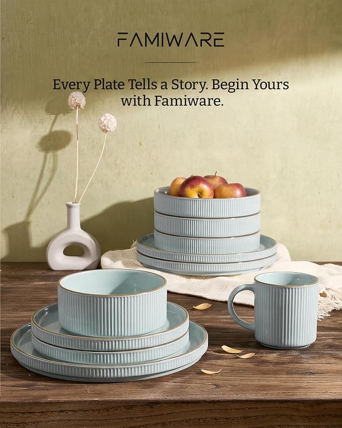 Famiware Stoneware Dishes Dinnerware Sets for 6, Plates and Bowls with Trim | 18pc Ceramic Dinner Set with Lipped Edges, Chip & Scratch Resistant , Microwave & Dishwasher Safe, Everyday Formal Use, Blue
