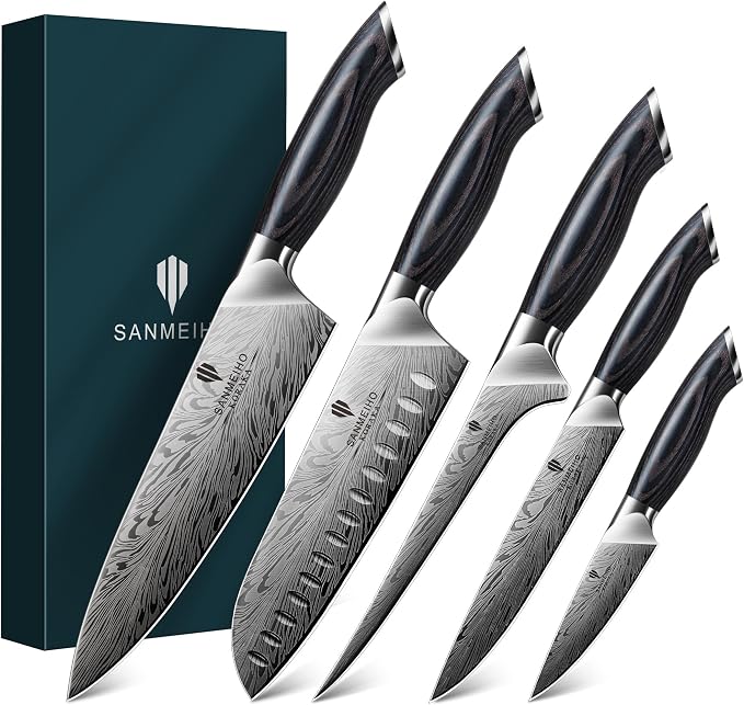 5PCS Knife Set, Kitchen Knife Sets in Powder Steel | Ultra Sharp Japanese Knives Set High Carbon Steel Chef Knives Sets, Cooking Knives Set with Ergonomic Pakkawood Handle