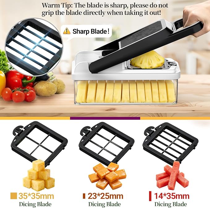 15-in-1 Vegetable Chopper 10 Blades, Veggie Cutter with Handle, Black/White | Stainless Steel Blades, Food Container and Lid, Dicer, Slicer, Julienne, Egg Separator, Non-slip Base, Include Cleaning Tools