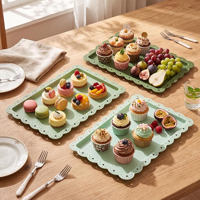 3 Pcs Green Serving Trays Plastic Platters Dessert Cupcake Holder Party Supplies 14.4 x 9.3 Inches Rectangular Cookie Snack Display Tray for Wedding Restaurant