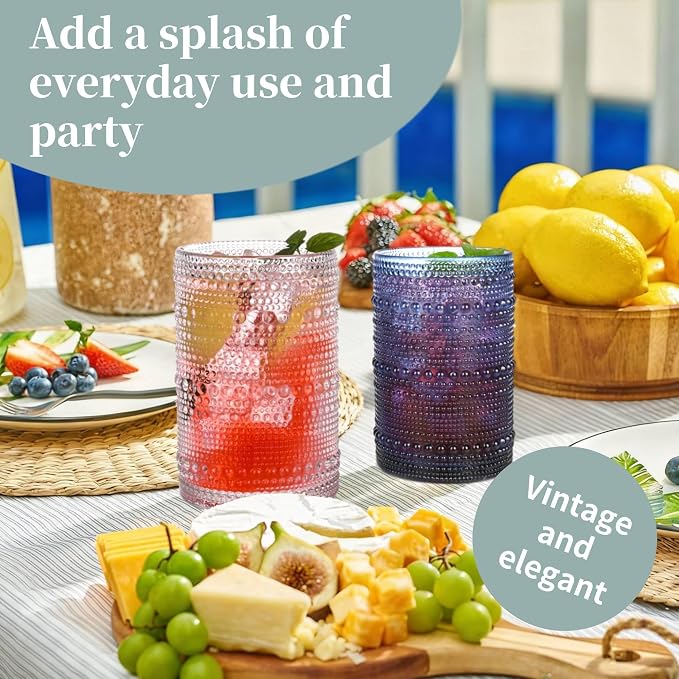 Blue Hobnail Drinking Glasses Set of 6,15 oz Vintage Highball Glasses,Drinkware Kitchen Glasses for Cocktail,Iced Coffee,Beer,Ice Tea,Wine,Whiskey,Water