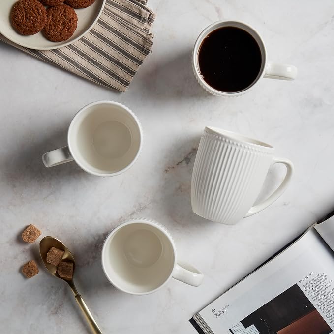 Tabletops Gallery 4 Piece Embossed White Chip Resistant Porcelain Mug Set | Dishwasher safe
