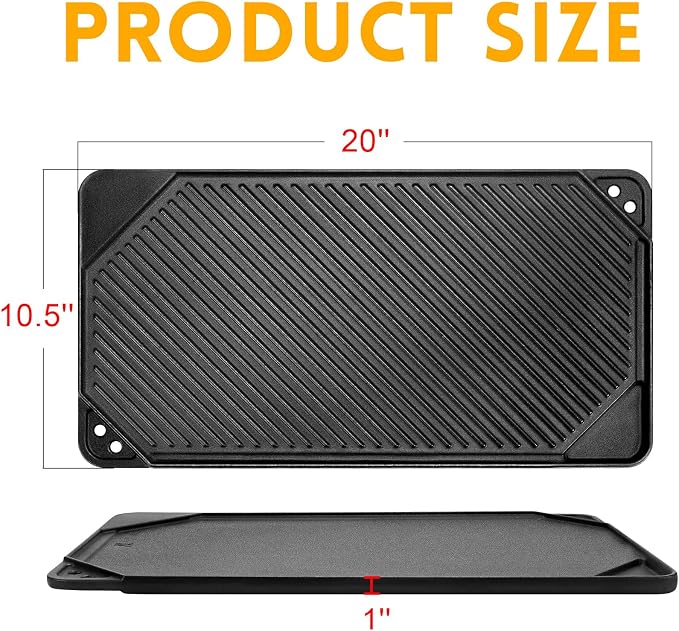 GGC Reversible Cast Iron Griddle, 20" x 10.5" Rectangular Griddle Pan | Double Sided Griddle Pan Perfect for Gas Grills, Stove Tops and Outdoor Cooking, Baking Flat and Ribbed Griddle Plate