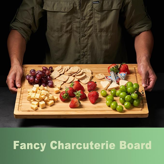 Allsum 24x18" Extra Large Bamboo Cutting Boards for Kitchen, XXL Wood Charcuterie Boards Cheese Serving Tray with Side Handles and Juice Grooves, Solid Durable Reversible