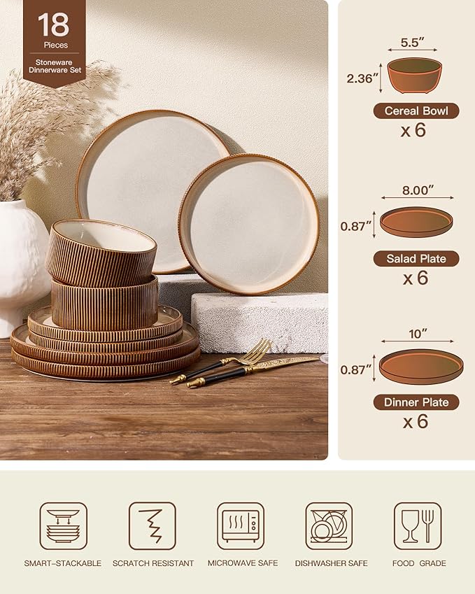 Dinnerware Set for 6, Ceramic Ribbed Plates, Bowls, Dishes | 18-Piece Stoneware Dinner Sets, Handmade Reactive Glaze, Microwave & Dishwasher Safe, Chip & Scratch Resistant, Cream Brown