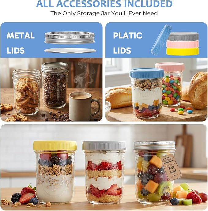 CycleMore 16oz 6 - Pack Wide Mouth Mason Jars with Airtight Lids & Colorful Lids, Glass Canning Jars with Measurement Marks, for Canning, Preserving, Overnight Oats, DIY Crafts