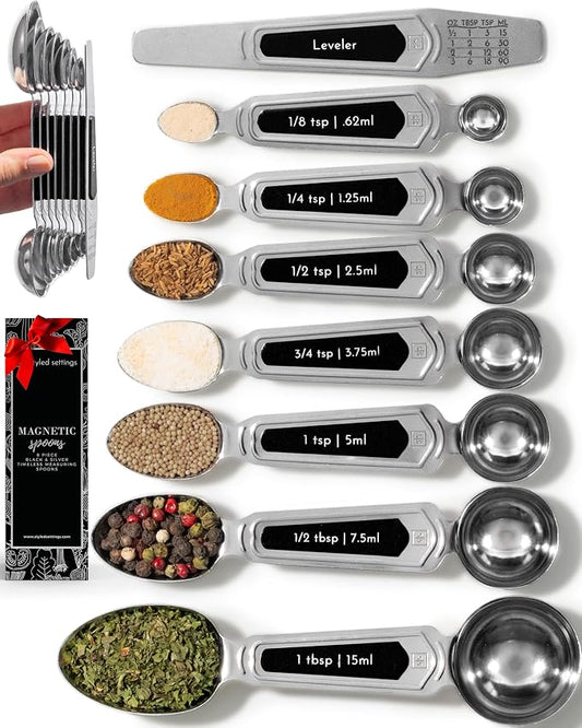 Styled Settings Stainless Steel Magnetic Measuring Spoons Set, 8-Piece | BPA-free, Stackable, Double Sided Measuring Spoons with Leveler for Dry and Liquid Ingredient - Fits in Spice Jars