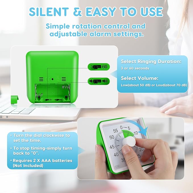 Secura Visual Timer for Kids, 60 Minute Classroom Countdown Timer for Study | Non-Ticking, Adjustable Alarm Volume/Duration, Low Power Reminder, Time Management Tool for ADHD (Green & Green)