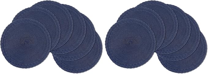 SHACOS Round Placemats Set of 6 Braided Border Fabric Woven Table Mats Washable 15 inch Circle Place Mats for Dining Table, Navy Blue (Pack of 2)