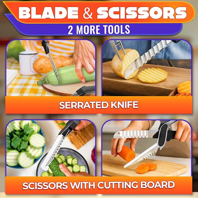7-in-1 Cutting Board Scissors for Food, Ribbed Blades, Heavy-Duty | 10.4 In Kitchen Scissors with Cutting Board, Spring Assist and Safety Lock; Dishwasher Safe; Suitable for Meat and Vegetables
