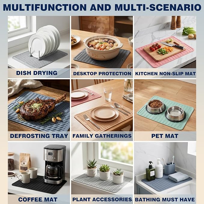 CAKETIME 2 Pack Silicone Dish Drying Mat for Kitchen Counter Waterproof Place mats Sink Protector Stove Top Organizer Cooking Appliance Trays Dryer Rack Drainers Items Extra Large 18"x16" Beige