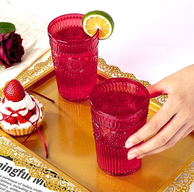 Ciaell 12 Pack Red Plastic Water Glasses for Parties Dinners | 14 oz Red Embossed Ribbed Vintage Drinking Cups, Heavy Duty Plastic, Beer Juice Beverages Wine for Outdoor Weddings