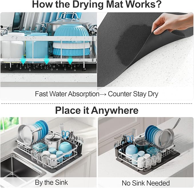 Large Capacity Dish Rack - Expandable 2-Piece Countertop Set, Silver | Expands 16.5-21.5 in, Holds Pots & Plates, Cup & Utensil Holders, Absorbent Mat, Removable Over-Sink Rack, Stainless Steel