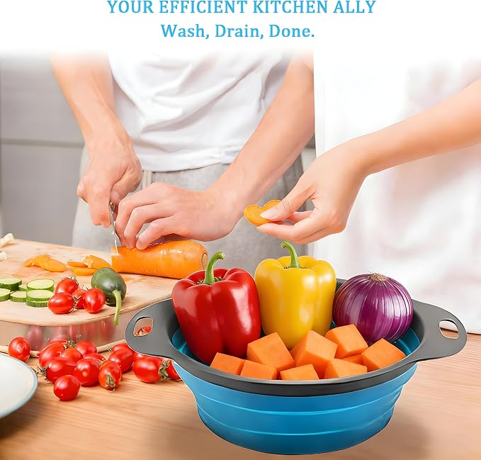 UVB Collapsible Colander Set, Foldable Kitchen Strainer for Pasta, Vegetables & Fruit, Complete Kitchen Set with 2 Stainless Steel Hooks & 2 Silicone Funnels – Blue