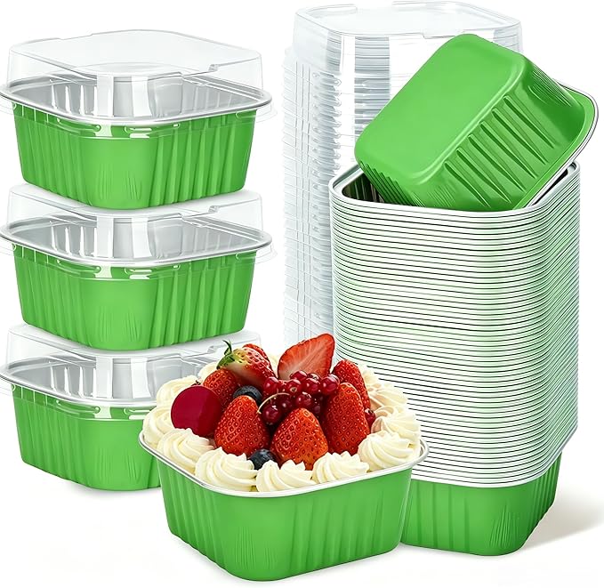 30Pack 5oz Green Mini Cake Pans with Lids Baking Cups Aluminum Foil Pans Tins, Individual Dessert Cups Containers for Sales,Party,Picnics