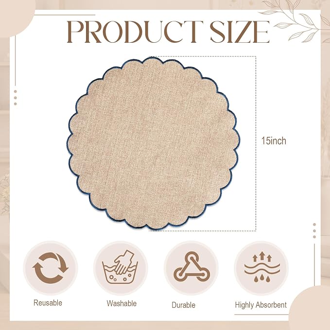 Set of 12 Linen Boho Cotton Placemats 15" Round Scalloped Blue | Double Layered Cotton Fabric, Washable Embroidery, Blue Edge Edge, Rustic Table Mats for Wedding Dining Table Decor